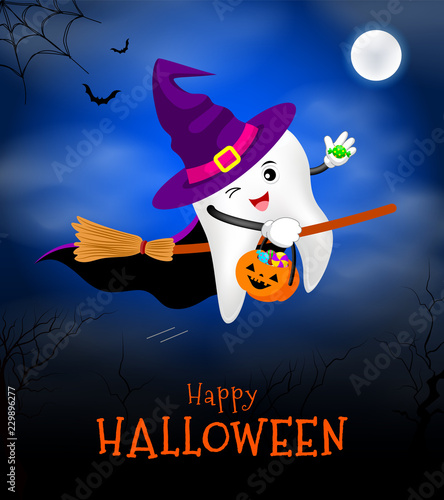 Cute scary tooth character design of Witch. Happy  Halloween concept. Illustration for your poster, banner, greeting card and party invitation.
