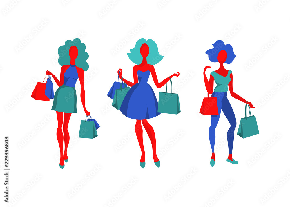 Set of beautiful young girls with shopping bags. Fashion women. Shopping day concept. Flat style. Vector illustration.