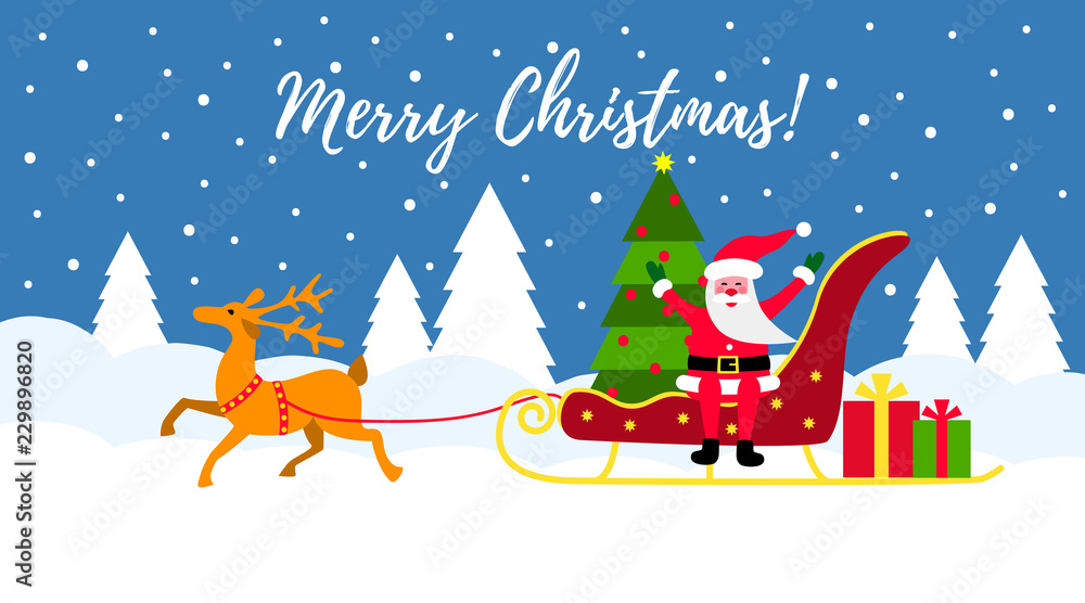 Christmas Santa Claus moving on the sledge with reindeer and gifts - vector illustration Christmas Santa Claus moving on the sledge with reindeer and gifts - vector illustration