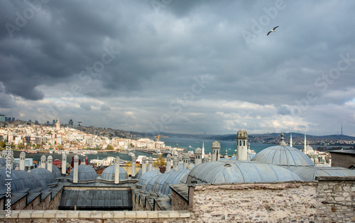 Istanbul from Suleymaniye Mosque  with the Bosphorus Strait and Galata Bridge and tower