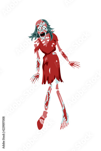 Zombie girl. Cute young woman in style of Dead Monster going for Halloween party. Vector illustration in flat cartoon style on a white background. Element for your design, prints and greeting card.