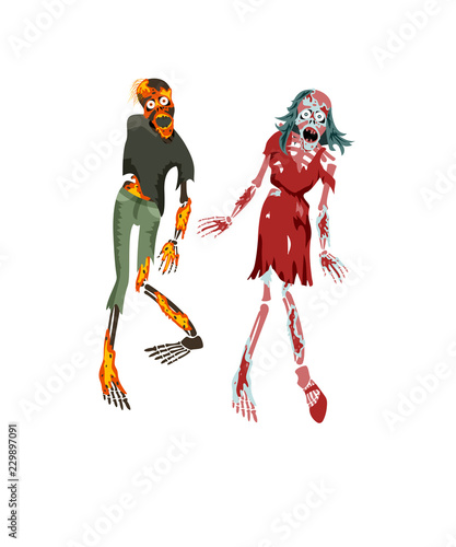 Vector cartoon illustration of zombies. Freaky man and woman characters