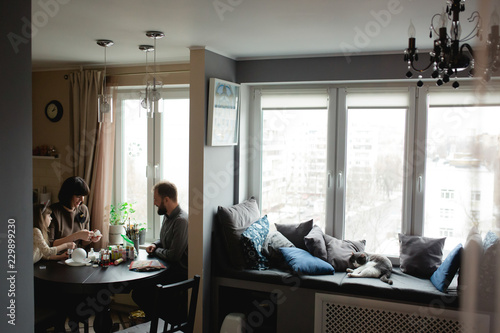 Family is making DYI Christmas balls at home and a cat is lying at the window with blue and grey pillows