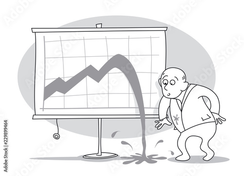 Old businessman looking surprised at the graph of the growth curve and can not believe that a crisis has occurred. Cartoon vector illustration