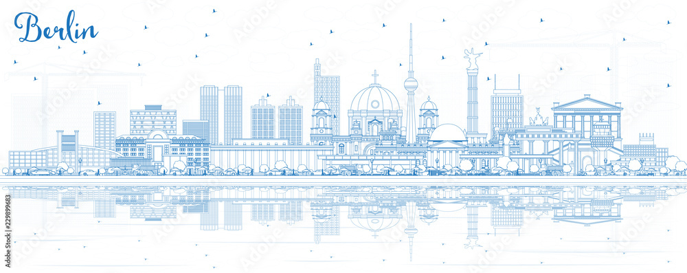 Outline Berlin Germany City Skyline with Blue Buildings and Reflections.