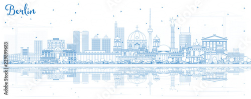 Outline Berlin Germany City Skyline with Blue Buildings and Reflections.