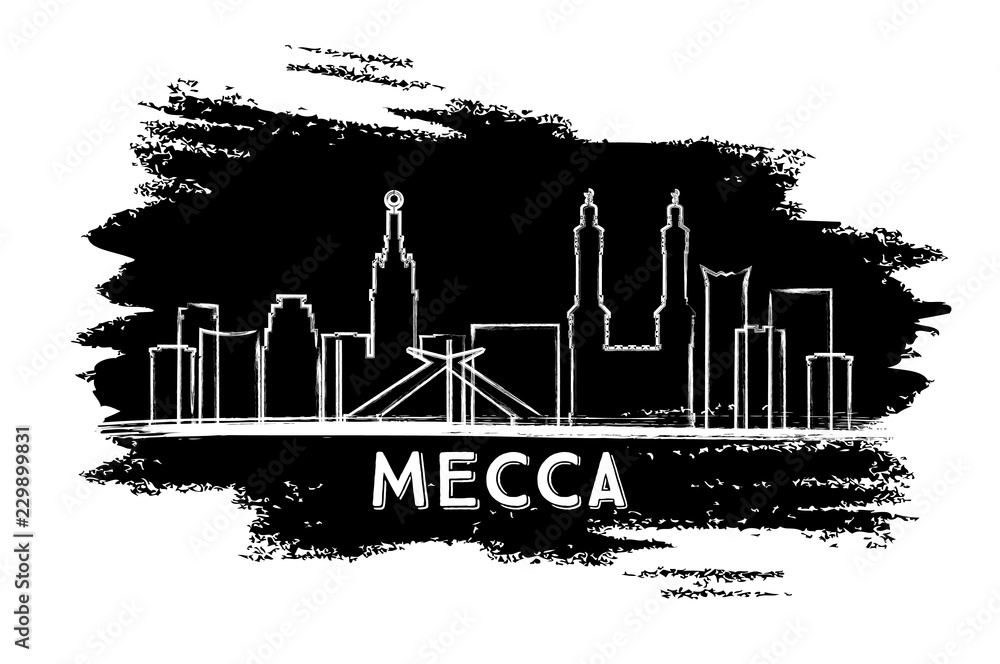 Mecca Saudi Arabia City Skyline Silhouette. Hand Drawn Sketch.