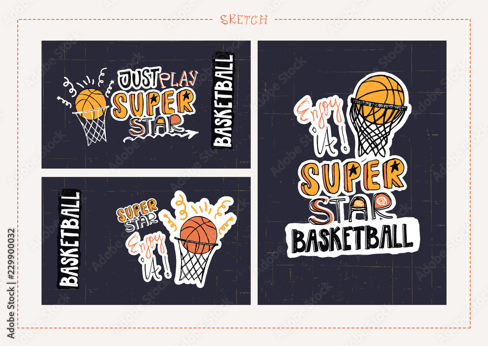 Fototapeta premium Sketch illustration for basketball on a dark background. Sports hand drawing typography design. Print for t-shirts, flyers, textiles, children's parties, cards. Super star, just play, slogan.
