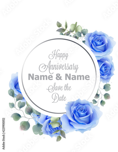 Fototapeta Naklejka Na Ścianę i Meble -  Blue roses flowers watercolor round frame card Vector. Vintage anniversary greeting, wedding invitation, thank you note. Summer floral decor. flower wreath frames bouquets