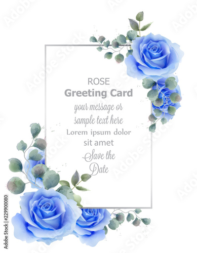 Watercolor blue rose flower card Vector. Vintage greeting, wedding invitation...