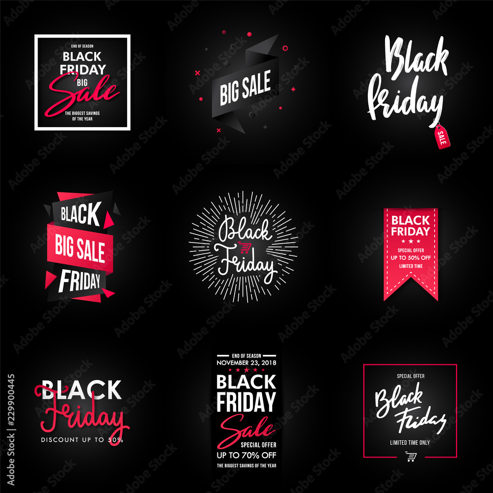 Black Friday Sale banner design, graphic element. Big set of modern discount and promotion banners. Advertising element. Sale banner collection. Vector illustration.