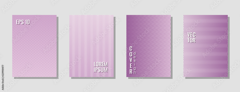 Cool violet zig zag banner templates, wavy lines gradient stripes backgrounds for advertising cover. Curve shapes stripes, zig zag edge lines halftone texture gradient poster backgrounds collection.