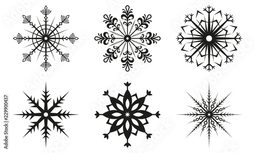 Snowflake icon set. Snow flake silhouettes isolated on white background. Winter and Christmas symbol. Vector illustration.