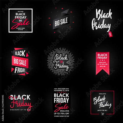 Black Friday Sale banner design  graphic element. Big set of modern discount and promotion banners. Advertising element. Sale banner collection. Vector illustration.