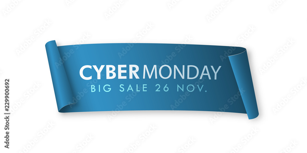 Blue realistic curved paper banner. Cyber Monday Sale advertising design. Vector illustration.
