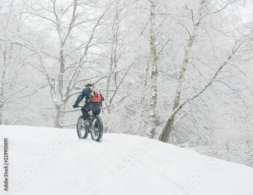 man riding with electric bicycle, e-bike, ebike, pedal on snowy road, during snow storm, blizzard, high mountain, forest, end of winter, spring, cold, alps, adventure, isolated, Piedmont, Italy