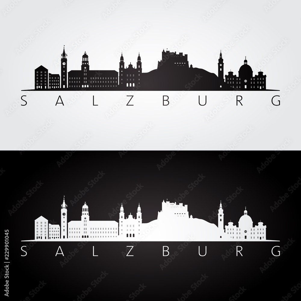 Fototapeta premium Salzburg panoramę i zabytki sylwetka, czarno-biały design, ilustracji wektorowych.
