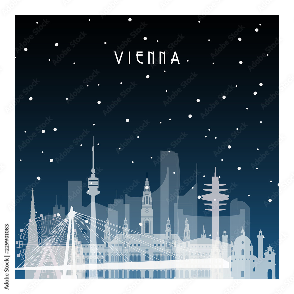Winter night in Vienna. Night city in flat style for banner, poster, illustration, background.