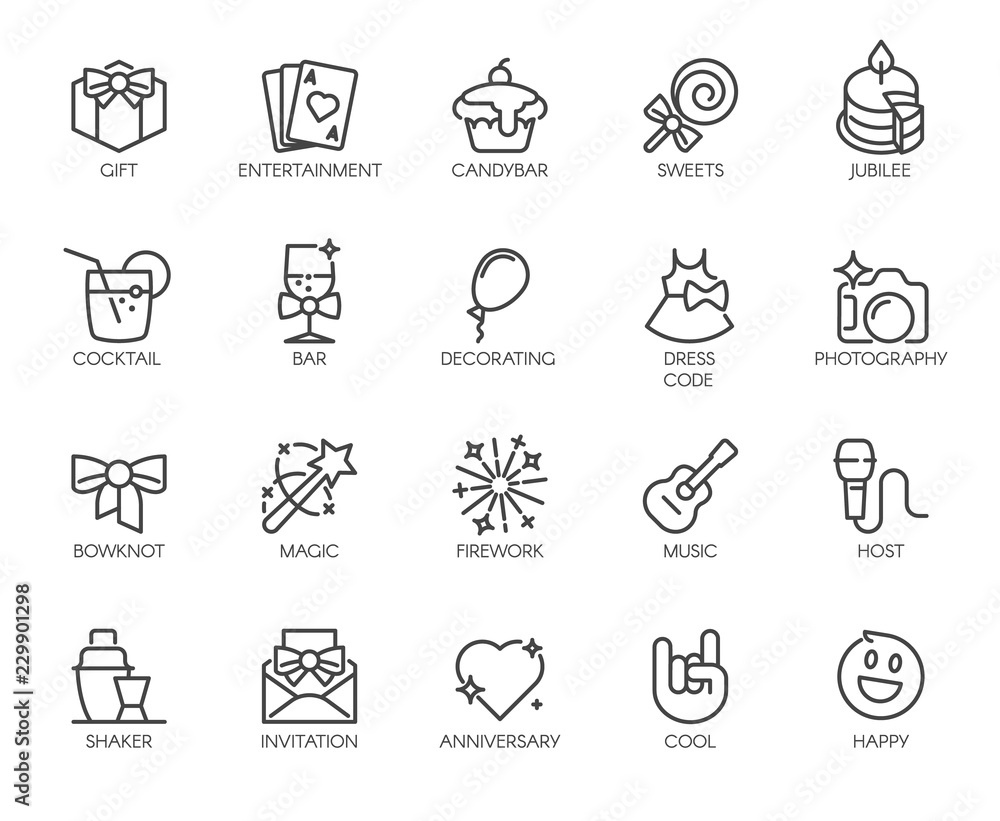 Set of 20 linear icons on theme of music, parties, entertainment, events. Graphical web elements. Outline logos. Vector