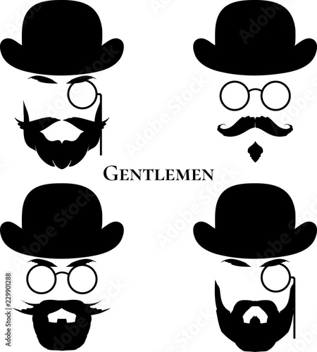 Set of stylized black silhouette men's beards, mustache, bowler hat and pince-nez .  Vector illustration.