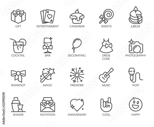 Set of 20 linear icons on theme of music, parties, entertainment, events. Graphical web elements. Outline logos. Vector