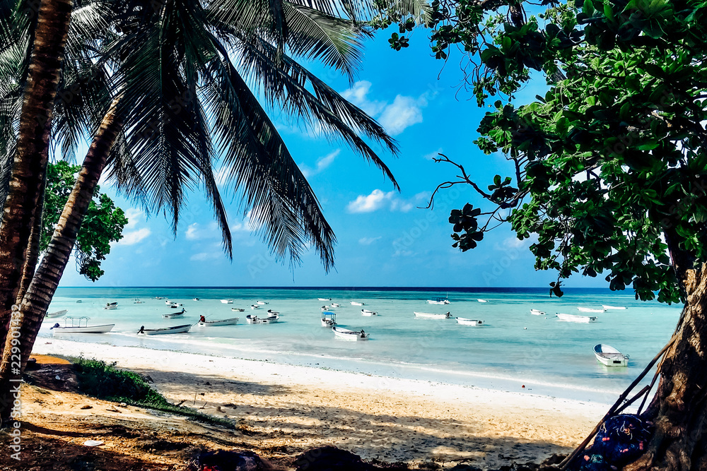 Paradise beach view with boats on ocean - obrazy, fototapety, plakaty 