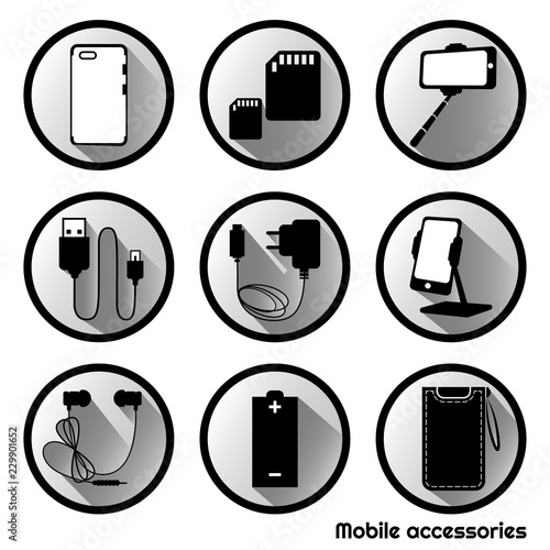Set circle icons of mobile accessories. Vector illustration.