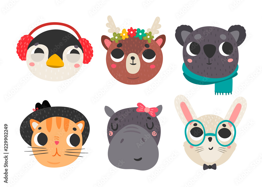 Fototapeta premium Cute animal faces. Colored vector set. All elements are isolated