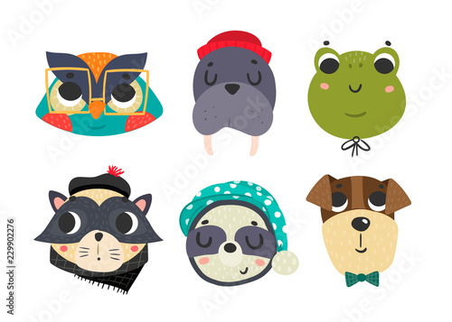 Cute animal avatars. Colored vector set. All elements are isolated