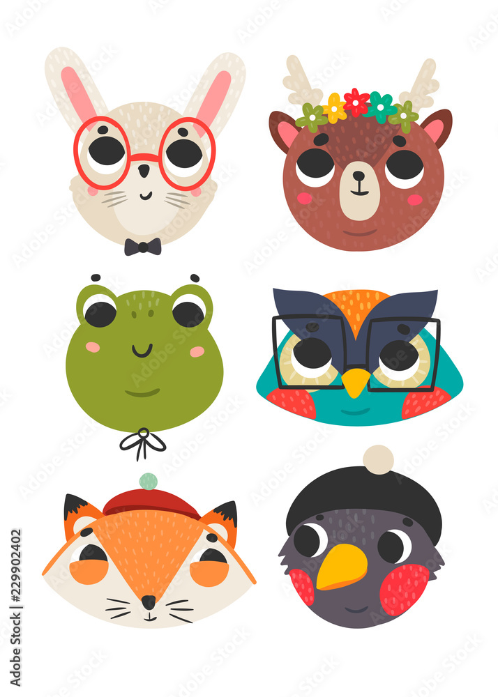 Fototapeta premium Forest animals. Cute animal faces. Colored vector set. All elements are isolated