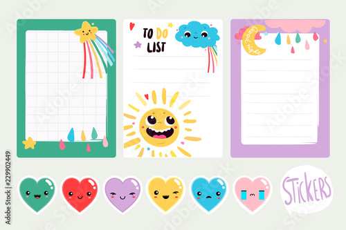 Set of three vector planners, and six heart stickers. All elements are isolated
