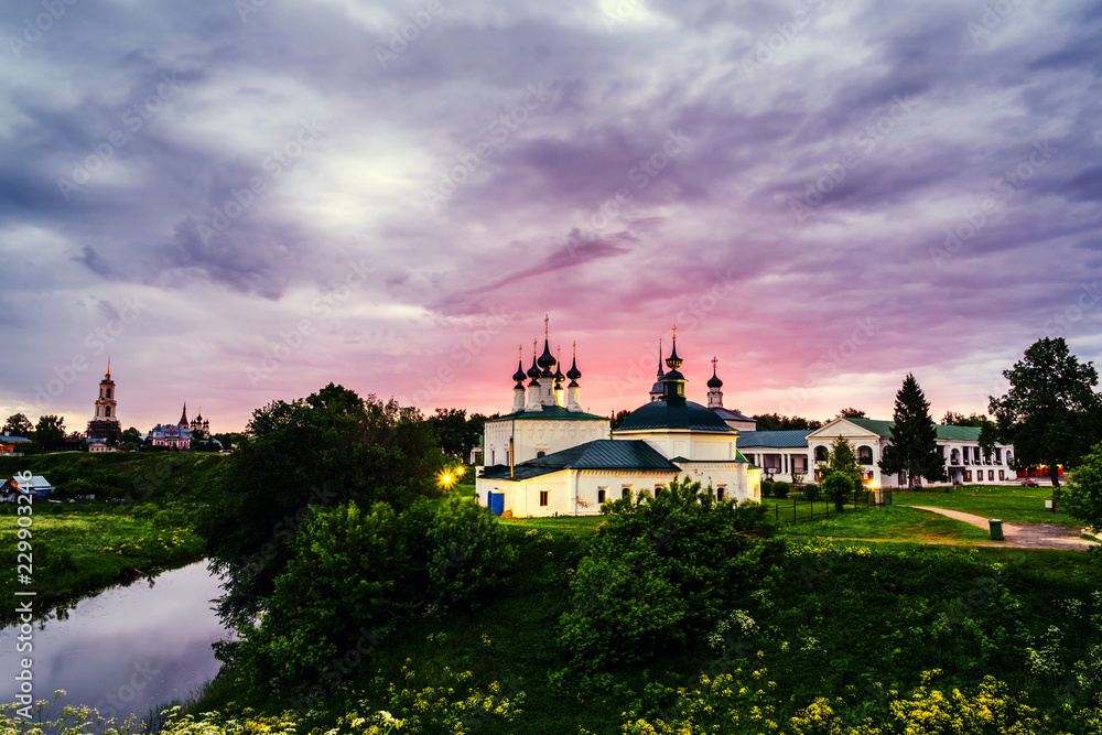 Morning view of old houses and churches in Suzdal, Russia during a cloudy morning