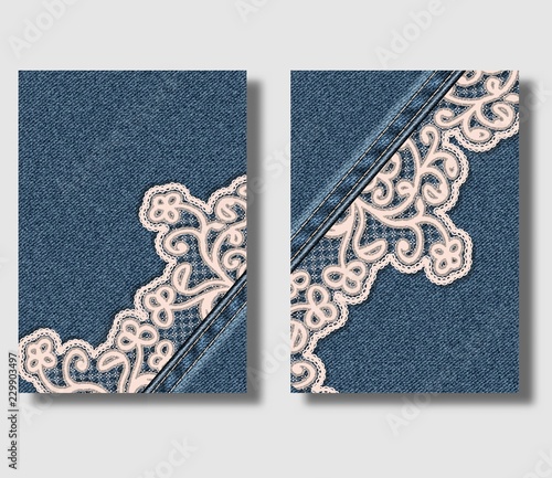 Advertising flyer design template with blue denim background and sewn floral ornamental lace. Can be used to design leaflets, brochure cover or banner