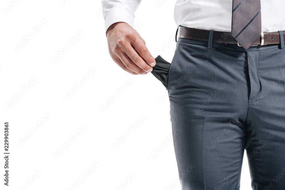 cropped image of businessman man showing empty pocket isolated on white cropped image of businessman man showing empty pocket isolated on white