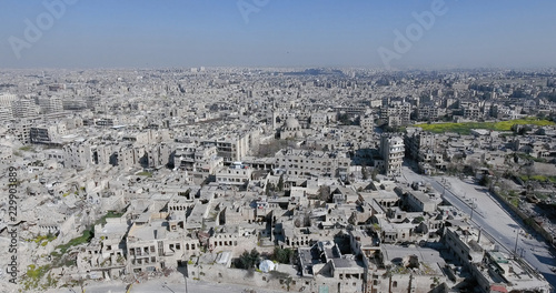  city of Aleppo in aerial view, filmed by a drone, syria