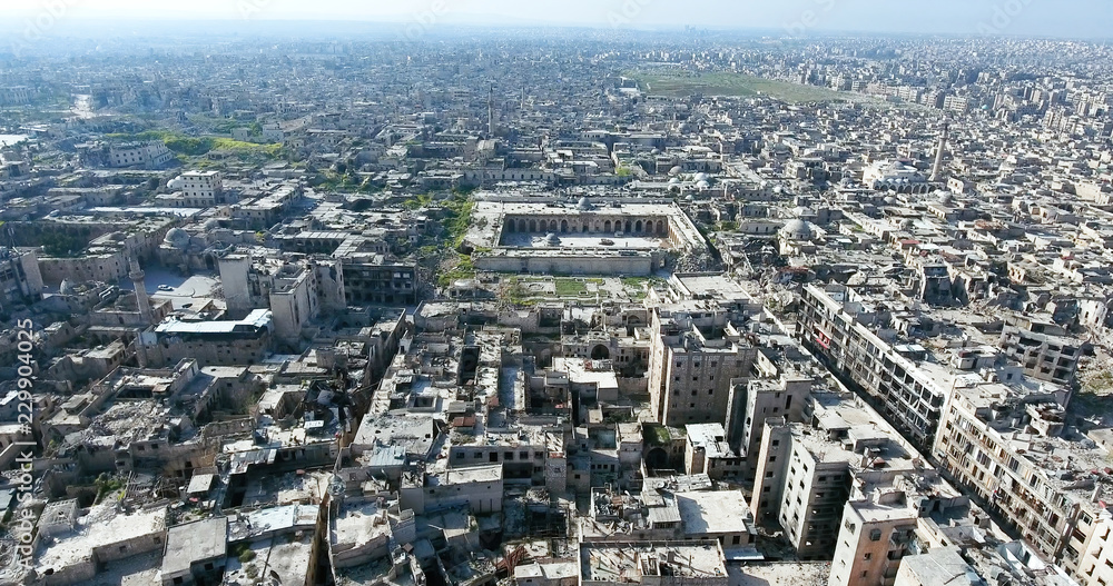 city of Aleppo in aerial view, filmed by a drone, syria