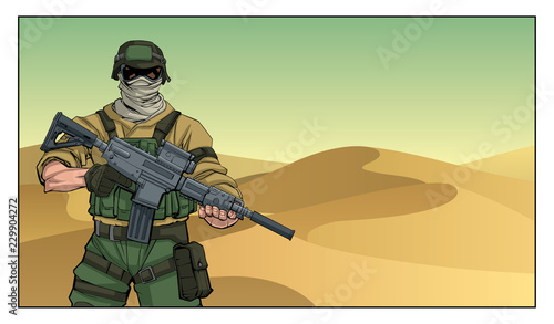 Illustration of masked soldier on a mission in the desert. 