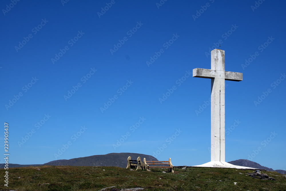 White wooden cross on top of Mountain on Beara Island West Cork, Ireland