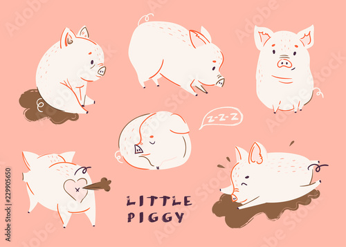 Cute pigs. Colored vector set. All elements are isolated. Pink background