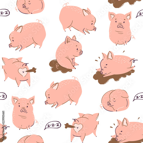 Cute little pigs. Colored vector seamless pattern