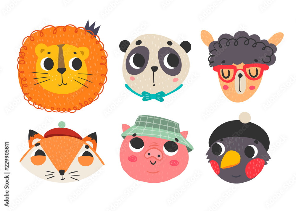 Cute animal faces. Colored vector set. All elements are isolated