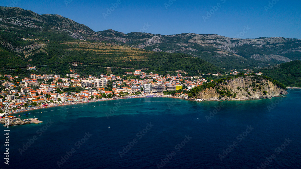 Aerial view of a beautiful city of Petrovac. Beautiful Adriatic sea landscape.