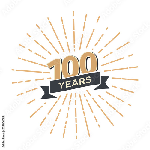 One hundred anniversary retro vector emblem isolated template. Vintage logo hundredth 100th years with ribbon and fireworks on white background