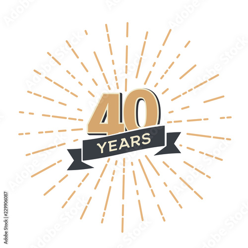 Forty anniversary retro vector emblem isolated template. Vintage logo fortieth 40th years with ribbon and fireworks on white background