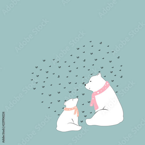 Vector cute polar bear Mommy and child sitting together with smiling face,Two white bear sitting with heart shape background on green pastel,Baby shower or kid birthday or Mother day card,Flat design