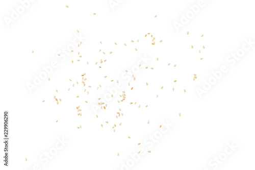 White sesame scattered on a white background.