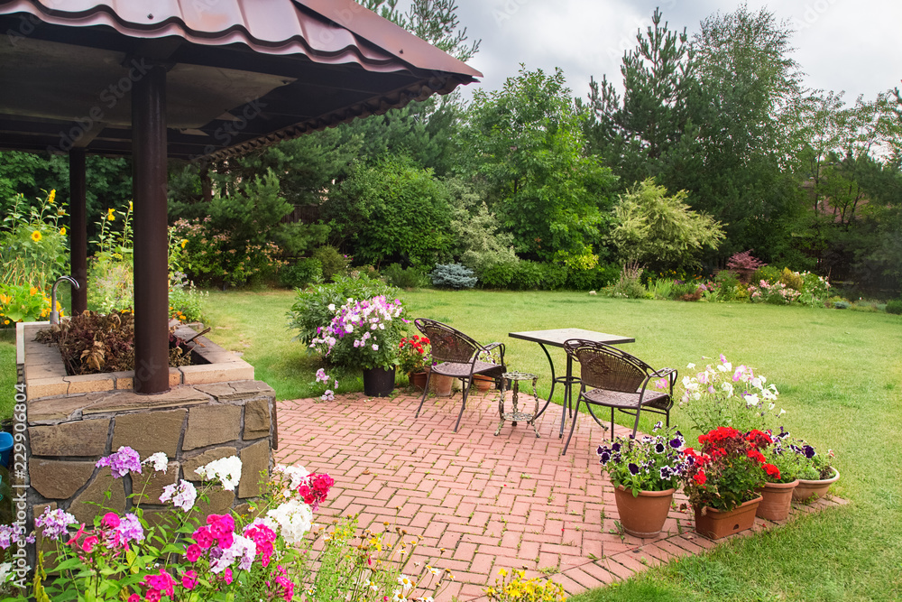 Backyard Patio Area with Fireplace and Furniture. Green Party area. Barbecue Area. Stone.