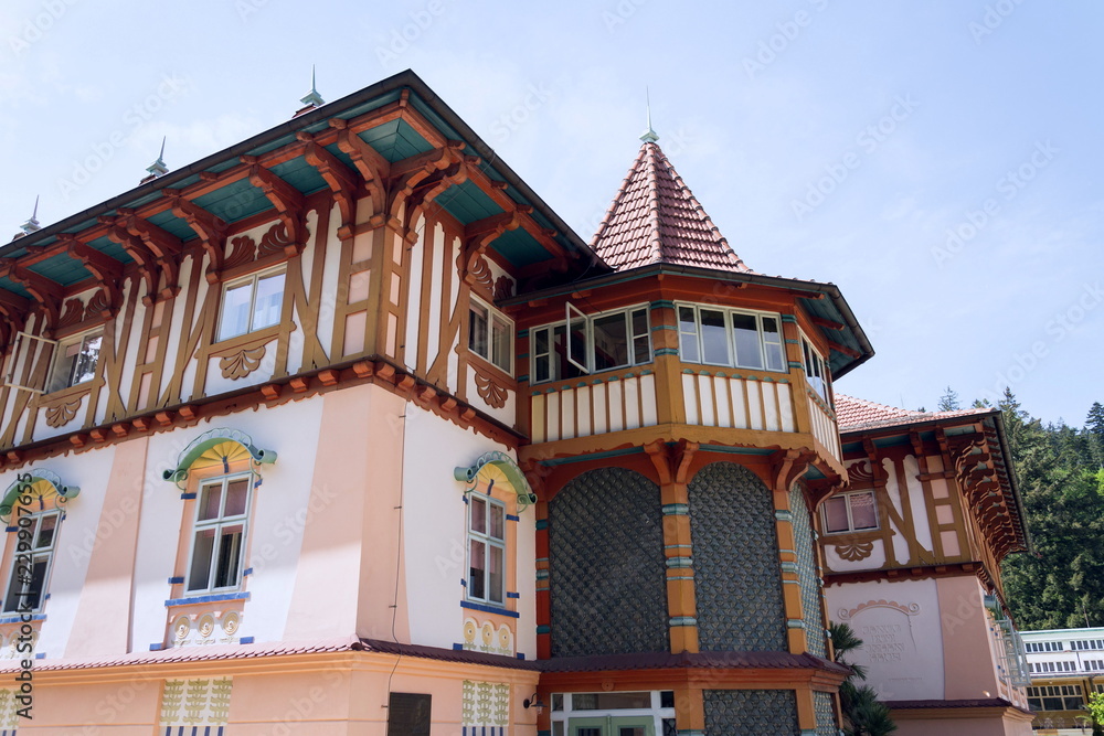 Obraz premium National cultural monument Jurkovicuv house from 1902 in spa town Luhacovice, Czech Republic, sunny summer day