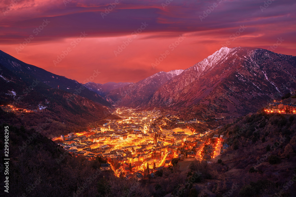 Andorra la Vella skyline at sunset Pyrenees - obrazy, fototapety, plakaty 
