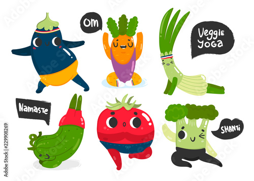 Veggie yoga. Sporty vegetables. Colored vector set. All elements are isolated